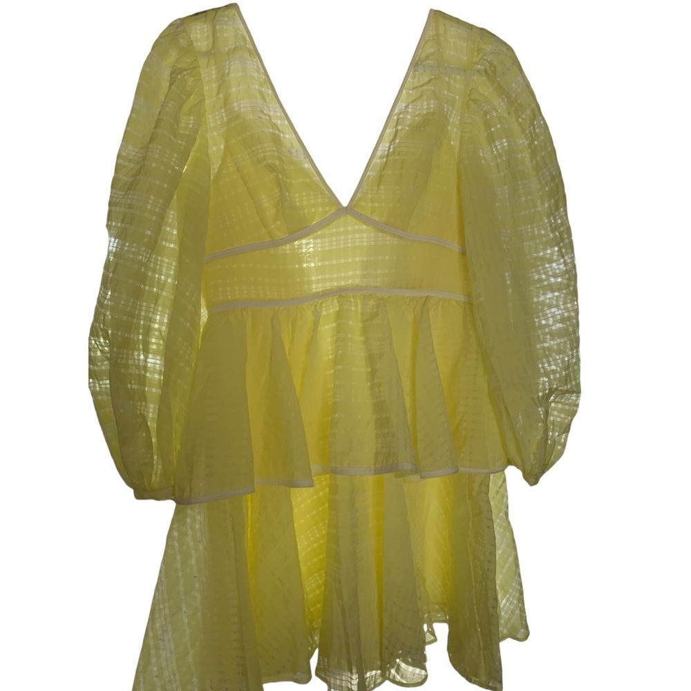 STAUD Yellow Sheer Organza Tiered Mini Dress Puff Sleeve V Neck Size 2 NWOT - Picture 7 of 12